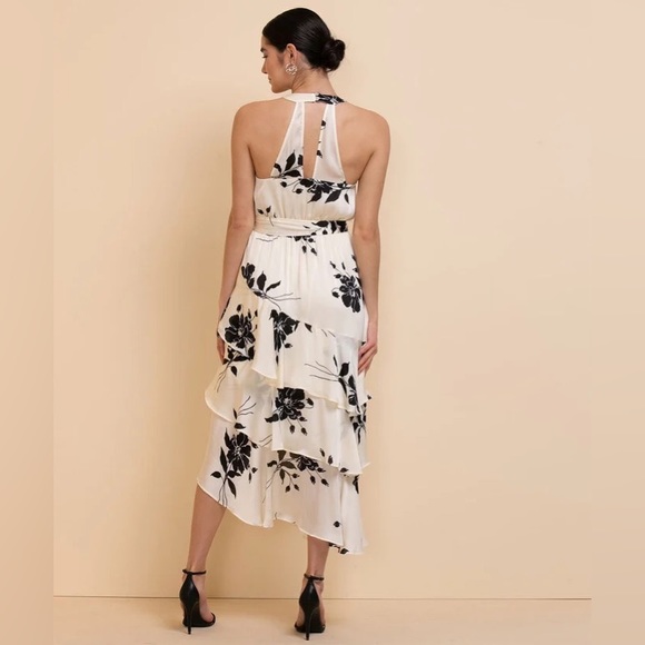 🆕 Ricki’s Asymmetrical Ruffle Halter Dress in Ivory Off White Black Floral - Picture 3 of 4